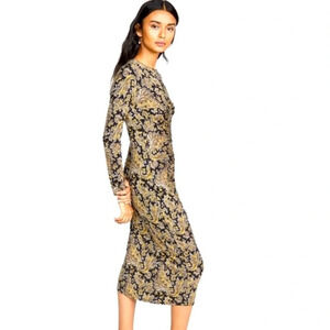 Joie Black Yellow Aja Long Sleeve Paisley Ruched Midi Dress. Size XS